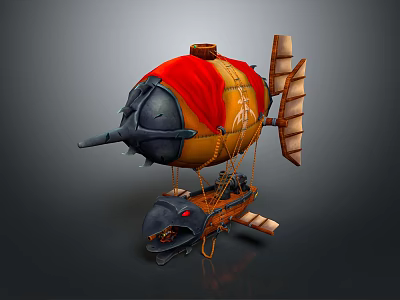 Flying Steampunk Carriage With Red Covering Balloon Front Cannon And Side Wings 3d model