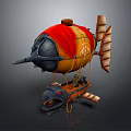Flying Steampunk Carriage With Red Covering Balloon Front Cannon And Side Wings