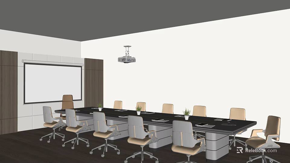 Modern Conference Room Interior With Long Table Ergonomic Chairs Projector Whiteboard And Small Plants 3d model 