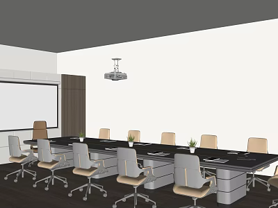Modern Conference Room Interior With Long Table Ergonomic Chairs Projector Whiteboard And Small Plants 3d model
