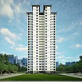 High Rise Residential Building With Green Surroundings Road Access Parking Spaces and Urban Landscape View