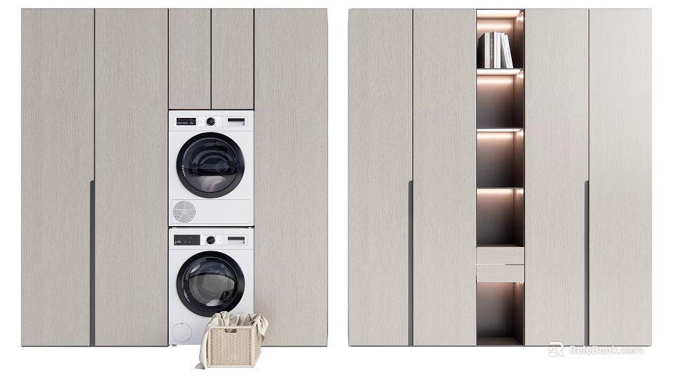 Modern Bathroom Cabinet With Washer Dryer Stack LED Lighting And Storage 3d model 