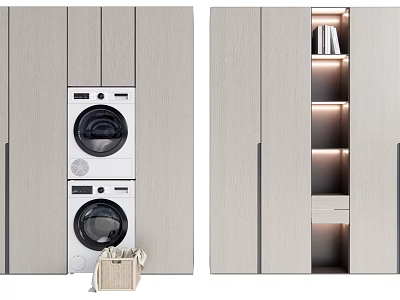 Modern Bathroom Cabinet With Washer Dryer Stack LED Lighting And Storage 3d model