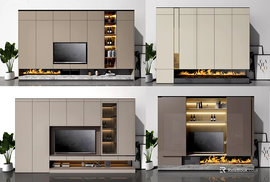 Modern TV Wall Unit Design With Storage Cabinets Shelves And Fireplace Effect 3d model