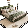 Green Leather Double Bed With Floral Quilt Throw Pillows Nightstand Lamp Black Chair Geometric Rug