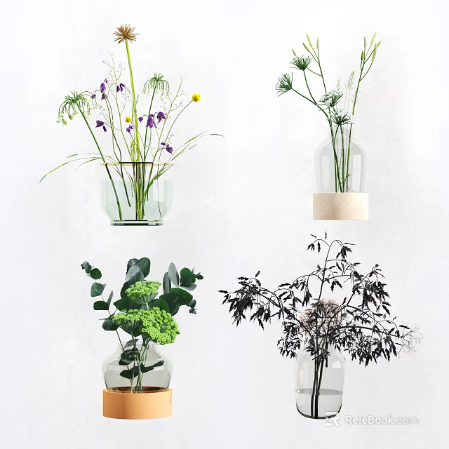 Stylish Glass Vases with Colorful Flowers and Green Plants for Modern Home Decor 3d model 