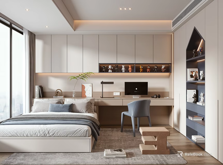 Modern Tatami Bedroom Interior Design With Cozy Bed Desk Chair And Storage Cabinets 3d model 
