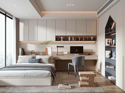 Modern Tatami Bedroom Interior Design With Cozy Bed Desk Chair And Storage Cabinets 3d model