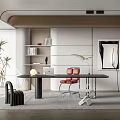 Modern Study Desk and Chair Green Plant Potted Fireplace Decoration Painting Bookcase Venetian Blinds Stool 3d model