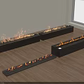 Modern Black Linear Fireplaces with Realistic Flames Burning on Wooden Floor Near Window