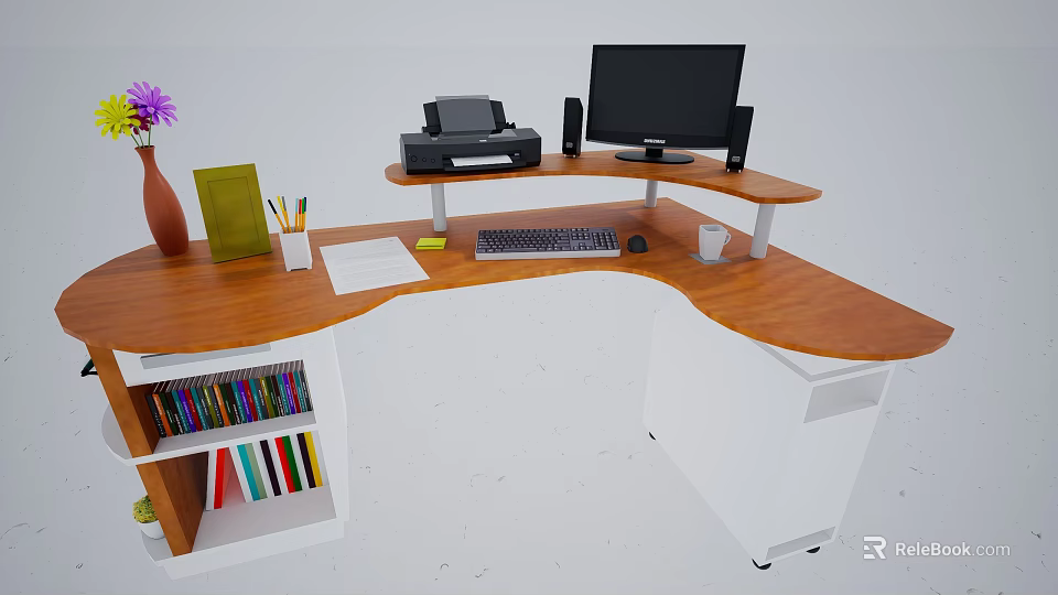 Modern Wooden L Shaped Desk With Computer Monitor Printer Green Notebook And Books 3d model 