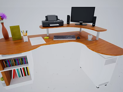 Modern Wooden L Shaped Desk With Computer Monitor Printer Green Notebook And Books 3d model