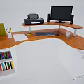 Modern Wooden L Shaped Desk With Computer Monitor Printer Green Notebook And Books