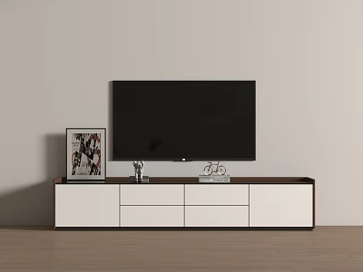 Modern TV Stand with White and Brown Design Black TV Drawers Cabinets and Decorative Ornaments 3d model