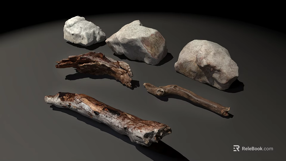 Natural Stone And Wood Materials Showcasing Varied Shapes And Textures 3d model 