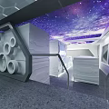 Futuristic Space Capsule Dormitory With Bunk Beds Starry Sky Ceiling And Blue Lighting 3d model