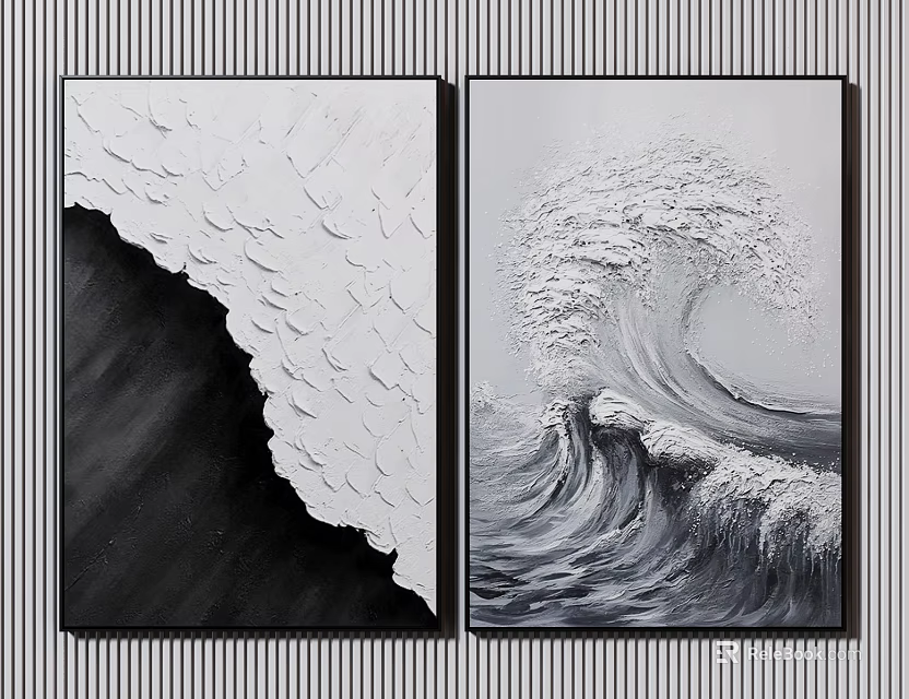 Black And White Wave Canvas Paintings Abstract And Realistic Textured Art For Home Decor 3d model 
