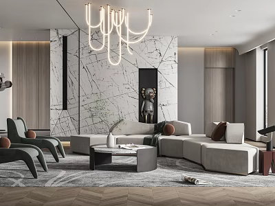 Modern Living Room Interior Design With Chandelier Marble Wall Sofa Area Rug And Green Plant 3d model