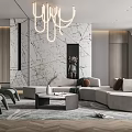 Modern Living Room Interior Design With Chandelier Marble Wall Sofa Area Rug And Green Plant