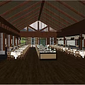 Spacious Restaurant Interior With Wooden Ceiling Hanging Lights Wooden Floor Dining Tables And Chairs