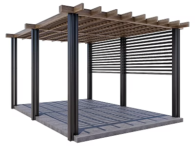 Garden Pergola with Wooden Roof Black Pillars Tiled Floor and Slatted Side Panels 3d model