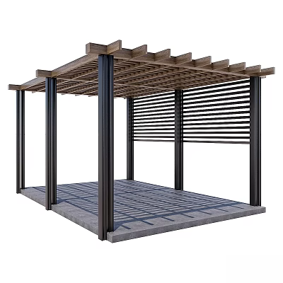 Garden Pergola with Wooden Roof Black Pillars Tiled Floor and Slatted Side Panels 3d model