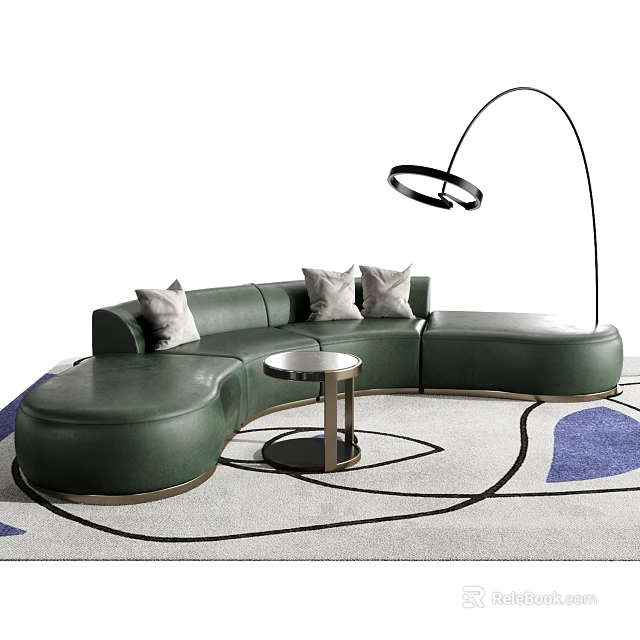 Green Sectional Sofa with Throw Pillows Small Round Table Floor Lamp on Abstract Pattern Rug 3d model