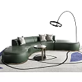 Green Sectional Sofa with Throw Pillows Small Round Table Floor Lamp on Abstract Pattern Rug 3d model
