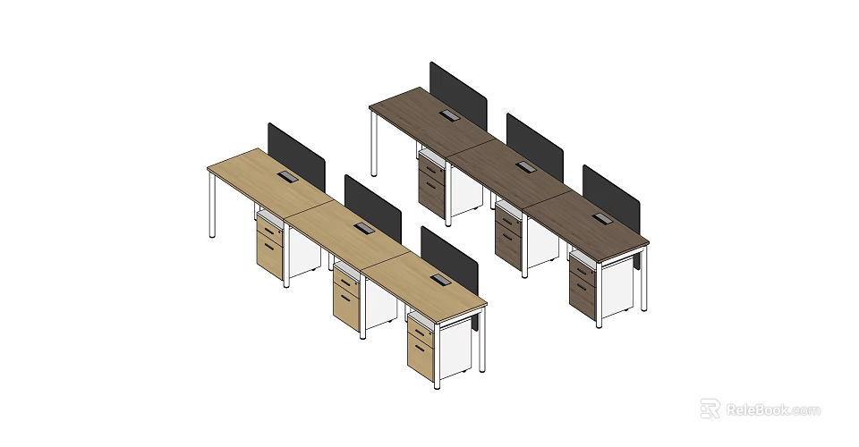 Modern Wooden Office Work Desks With Drawers And Computer Monitors Setup 3d model