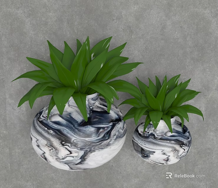 Two Marble Pattern Vases Holding Green Leafy Plants on Gray Surface 3d model 