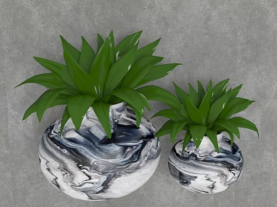 Two Marble Pattern Vases Holding Green Leafy Plants on Gray Surface 3d model