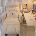 Beige Recliner Chair with Plush Bear Cushion in Cozy Home Office Space Beside White Desk