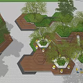 Park Landscape With Hexagonal Wooden Platforms Trees Planters White Decorations And Paved Ground