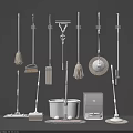 Essential Cleaning Tools Hanging On Wall And Placed On Floor With Mops Brooms Buckets