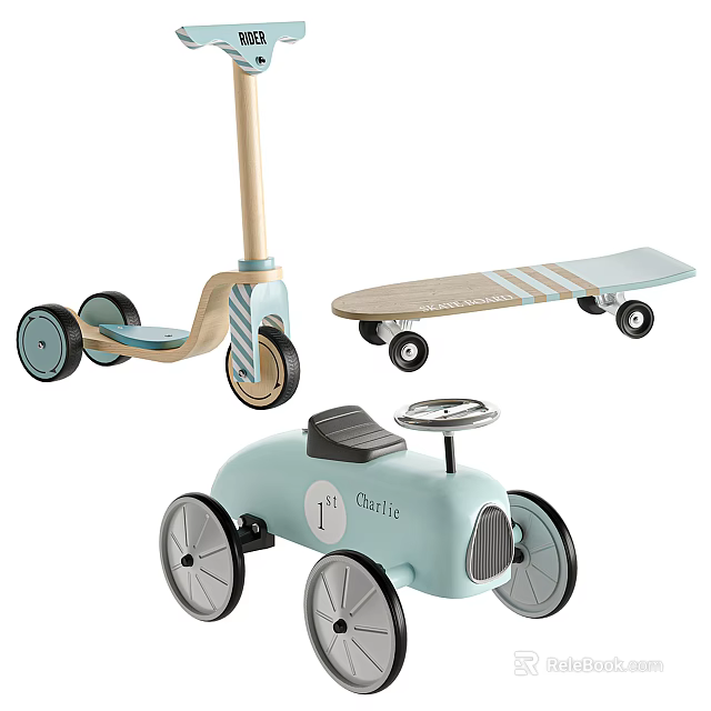 Stylish Kids Toys Set With Scooter Skateboard And Personalized Car 3d model 