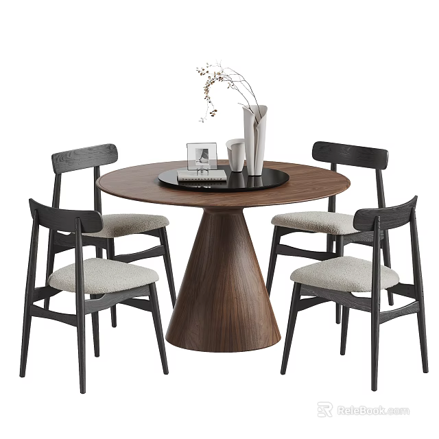 Modern Minimalist Wooden Tea Table and Chairs with Round Top Black Frame and Light Cushions 3d model 