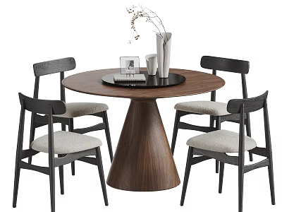 Modern Minimalist Wooden Tea Table and Chairs with Round Top Black Frame and Light Cushions 3d model