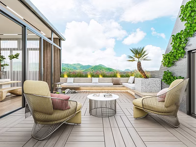 Terrace Garden With Wooden Deck Sofa Chairs Coffee Table Green Plants And Mountain View 3d model