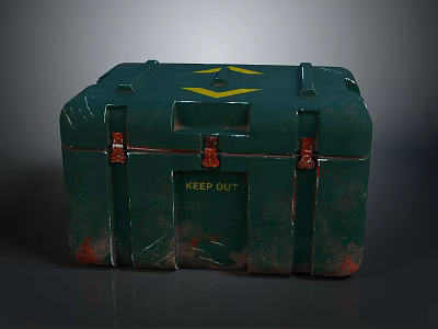 Green Household Storage Box With Yellow Arrows KEEP OUT Text Metal Clasps And Worn Design 3d model