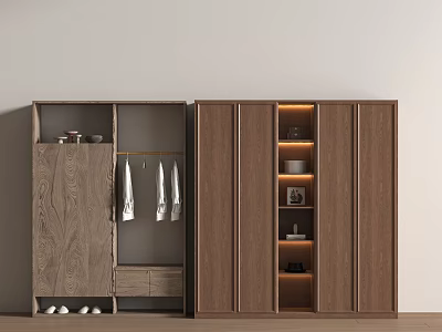 Modern Wooden Wardrobe Interior Design With Hanging Space Drawers And Lighted Storage Shelves 3d model