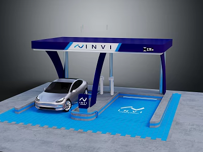 MINVI Electric Vehicle Charging Station with Silver Car Connected to Charging Port 3d model