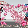 Beautiful Photo Spot With Pink Flowers Butterflies Umbrella Petals Against Black Background