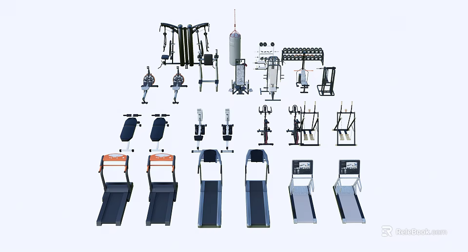 Complete Fitness Equipment Collection Including Treadmills Dumbbell Racks Weight Machines And Elliptical Trainers 3d model 