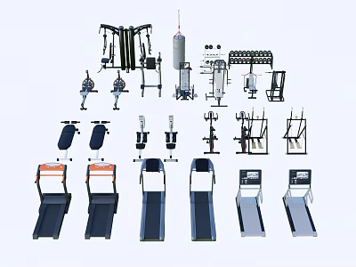 Complete Fitness Equipment Collection Including Treadmills Dumbbell Racks Weight Machines And Elliptical Trainers 3d model