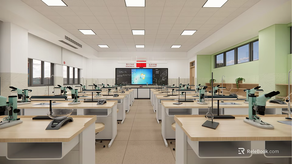 School Science Laboratory with Modern Lab Tables Microscopes Digital Screen and Windows 3d model