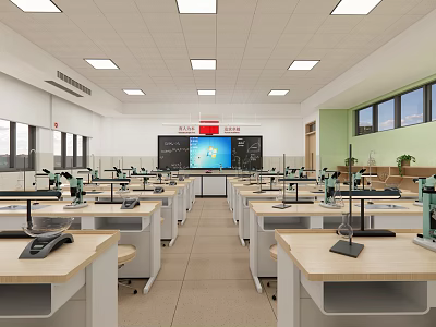School Science Laboratory with Modern Lab Tables Microscopes Digital Screen and Windows 3d model