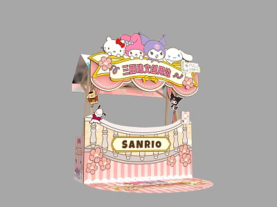 Sanrio Themed Booth Display With Hello Kitty Characters And Pink Decorations 3d model