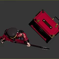 Child in Red Coat and Hat Holding Red Electric Guitar with Red Smiling Face Speaker
