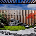 Karesansui Garden Design With Wooden Fence Rocks Gravel Stone Path And Red Maple Tree
