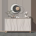 Modern White Console Table With Wavy Lines Green Plant Sculpture And Round Mirror
